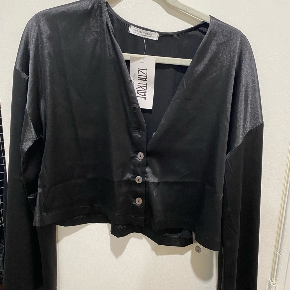 Black silk long sleeve top NWT